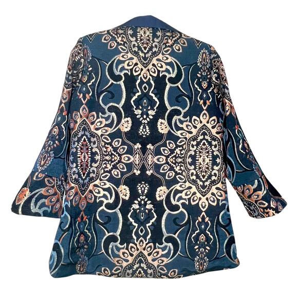 Grace Chuang Jacket Size S Blue Embroidered Tapestry Pattern Open Front Elegant - Picture 2 of 7